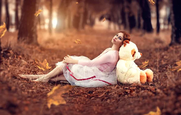 Picture autumn, leaves, girl, bear, Alessandro Di Cicco, Magical feeling