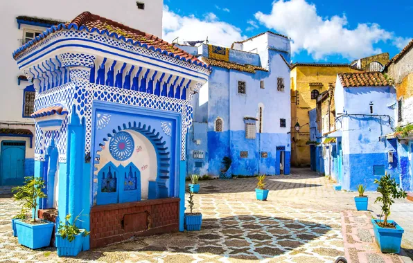 Picture blue, square, houses, fountain, Chefchaouen, Marocco, Place El Haouta