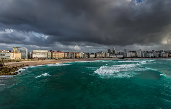 Sea, beach, clouds, the city