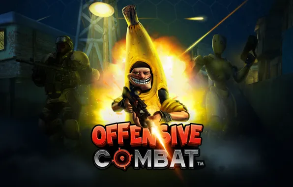 The explosion, night, robot, soldiers, fire, escape, banana, robot