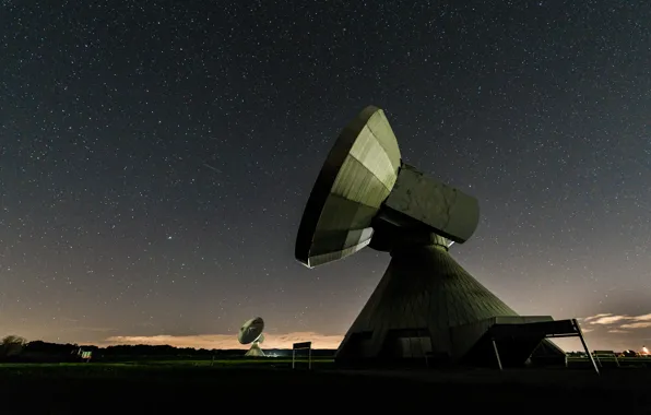 Field, space, landscape, night, darkness, antenna, hi-tech, starry sky