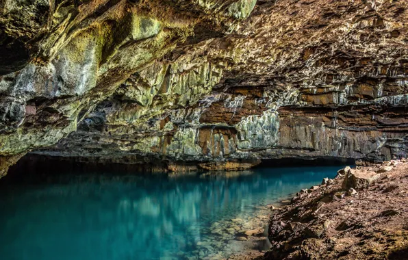 Gorge, cave, blue sea