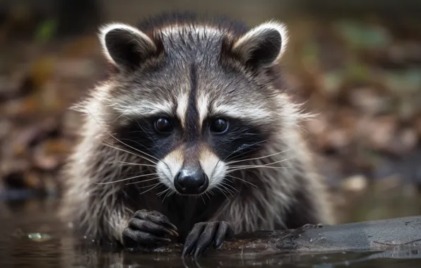 Look, water, nature, shore, portrait, bathing, raccoon, log