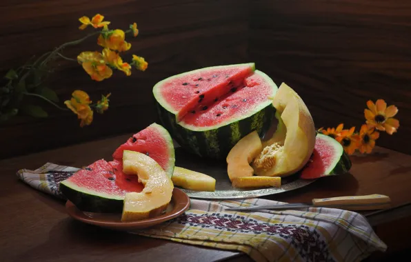Picture flowers, towel, watermelon, fruit, plate, knife, table, slices