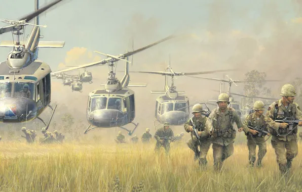 War, figure, soldiers, landing, Bell, Vietnam, cavalry, helicopters