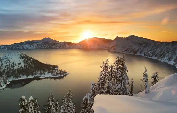 Winter, forest, snow, sunset, mountains, lake, dawn, island