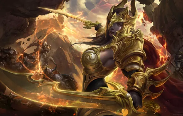 Girl, gold, rocks, flame, magic, woman, figure, sword