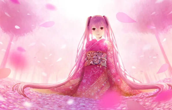 Picture girl, petals, Sakura, art, pink, kimono, vocaloid, hatsune miku