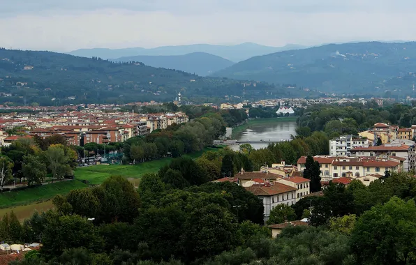 Trees, landscape, mountains, bridge, river, home, Italy, Florence