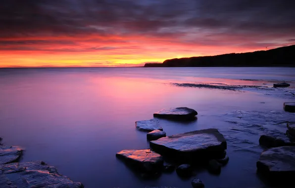 Picture sea, sunset, lake, stones, shore