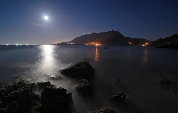 Sea, light, landscape, mountains, night, lights, stones, background