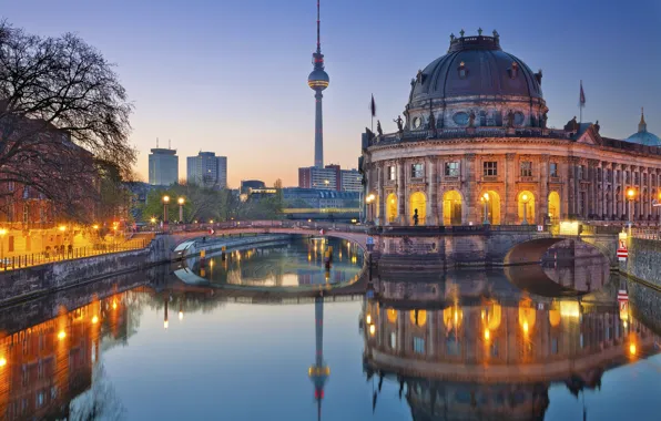 Picture bridge, lights, river, tower, the evening, Germany, Berlin, The Bode Museum