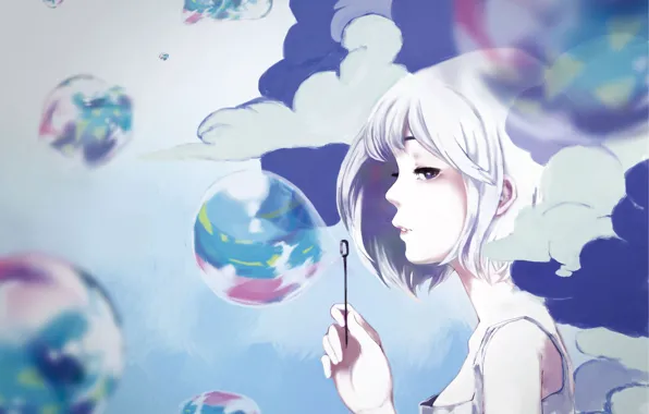 Picture girl, clouds, bubbles, by mochidukirei