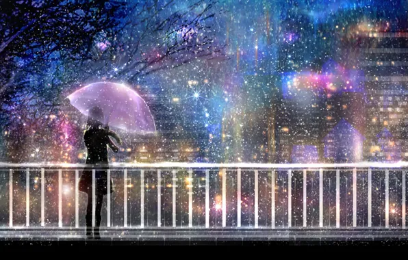 Picture light, night, bridge, the city, lights, rain, umbrella, silhouette