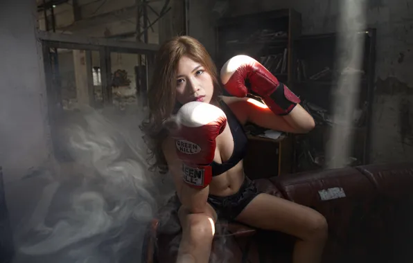 Picture look, girl, face, sport, smoke, Boxing, gloves, Asian