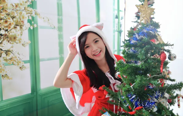 Girl, joy, smile, background, holiday, toys, tree, Asian