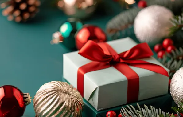 Balls, box, gift, Christmas, New year, bow, needles, bokeh
