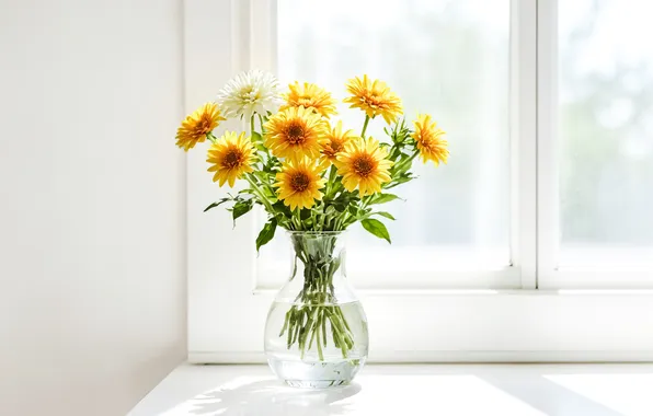 Light, flowers, bouquet, yellow, window, white background, vase, sill