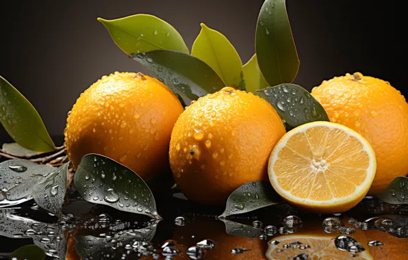 Leaves, water, drops, close-up, table, moisture, oranges, fruit