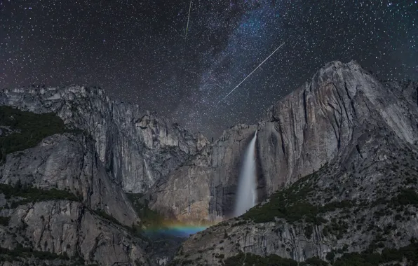 Stars, waterfall, CA, USA, Yosemite, national Park, Sierra Nevada