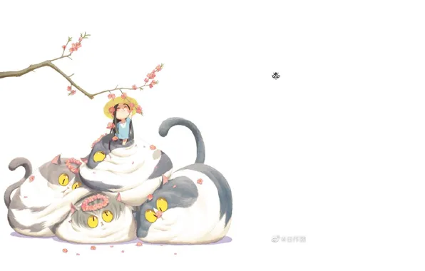 Spring, hat, white background, wreath, long hair, yellow eyes, little girl, branch of cherry