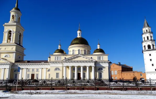 Church, Ural, Nev, leaning tower