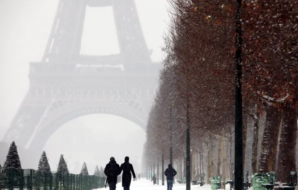 Picture city, Paris, trees, France, winter, snow, street, people