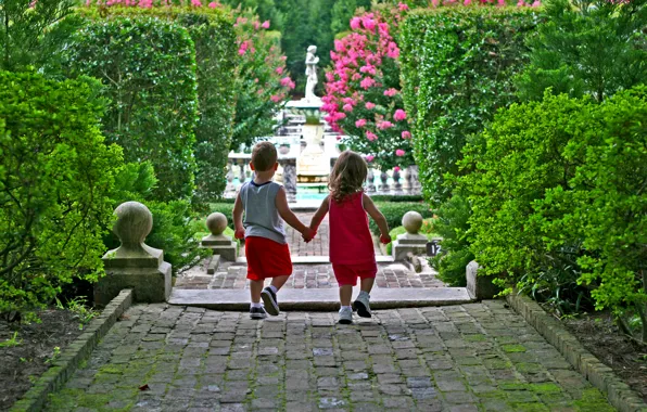 Picture flowers, children, roses, boy, track, girl, Park, statue