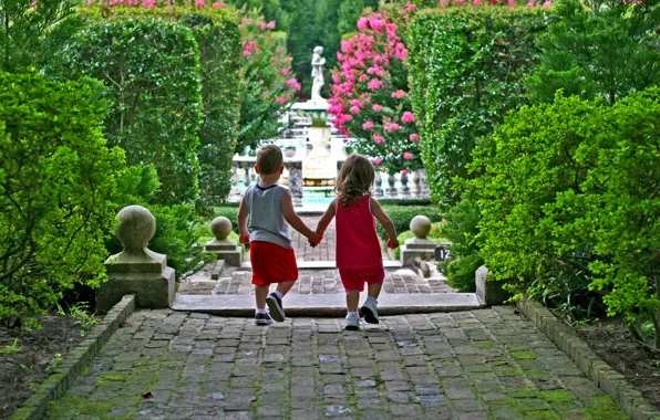 Flowers, children, roses, boy, track, girl, Park, statue