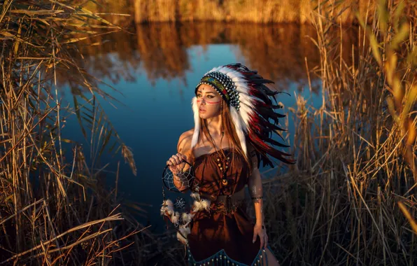 Girl, the sun, decoration, nature, pose, river, feathers, dress