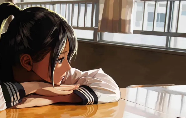 Sadness, window, class, schoolgirl, long hair, desks, sailor