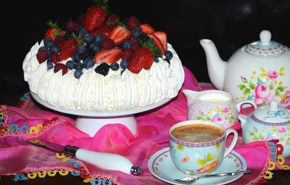 Berries, raspberry, coffee, strawberry, cake, dishes, dessert, blueberries