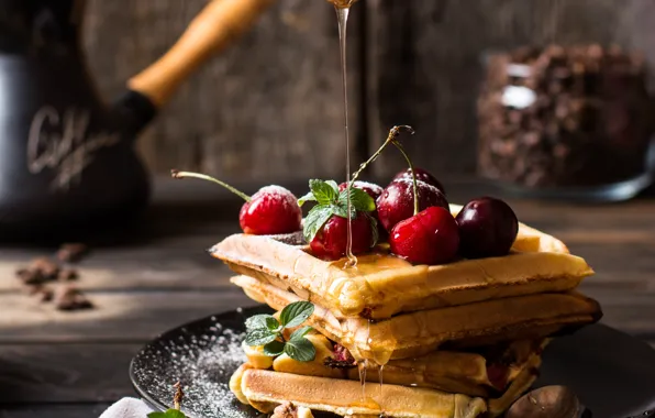 Picture honey, cherry, waffles, powdered sugar, Kamran Aydinov
