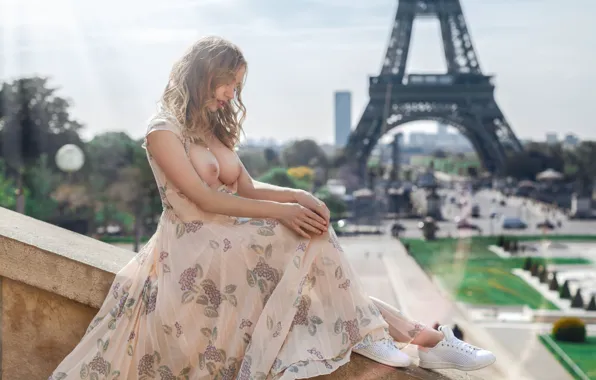 Chest, girl, pose, France, Paris, dress, Eiffel tower, the parapet