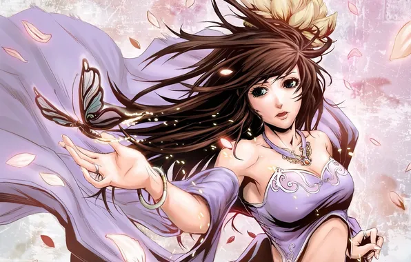 Girl, decoration, flowers, the wind, butterfly, petals, art