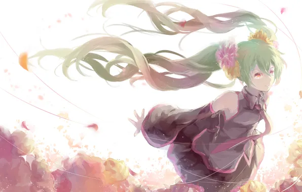 Picture girl, flowers, anime, petals, art, form, vocaloid, hatsune miku