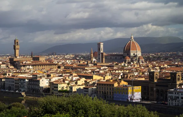 The sky, mountains, clouds, river, Italy, panorama, Florence, Arno