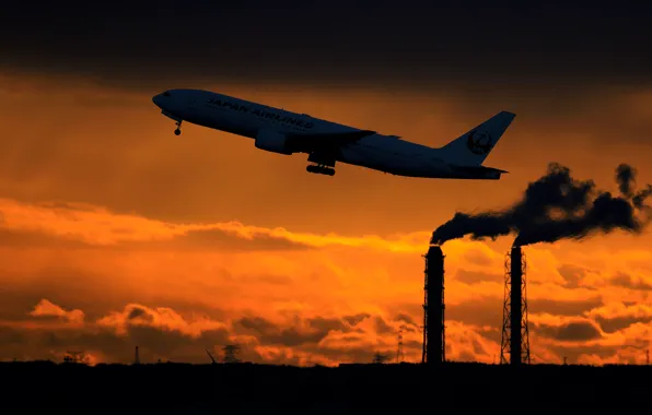 The sky, sunset, smoke, silhouette, tower, Boeing, the plane, the rise