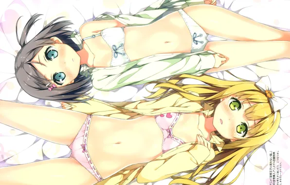 On the bed, underwear, green eyes, two girls, Tsukiko Tsutsukakushi, Azusa Then Everyone, Hentai Ouji …