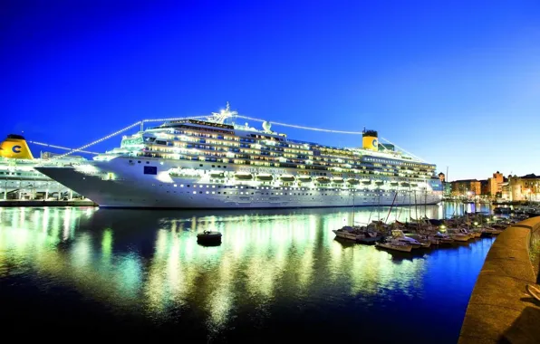 Night, port, luxury, The Costa Concordia, cruise ship, five star