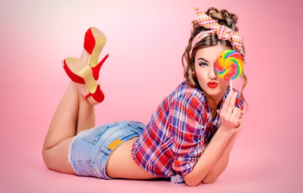 Picture look, girl, model, makeup, lipstick, lollipops