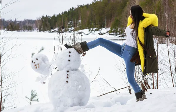 Winter, Girl, snowman, Helga Lovekaty, Nikolas Verano