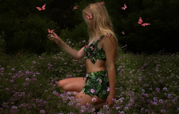 Summer, girl, butterfly, nature, hair, body, figure