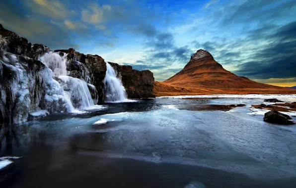 The sky, rocks, mountain, waterfall, the volcano, Iceland, Kirkjufell