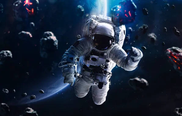 Space, astronaut, meteorite, Blue horizon