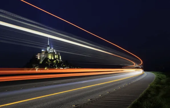 Picture road, night, lights, France, The Mont-Saint-Michel
