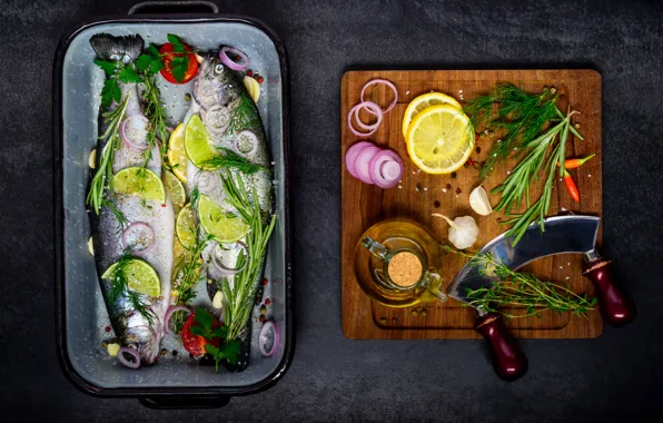 Greens, lemon, fish, fish, spices, serving, lemons, spices