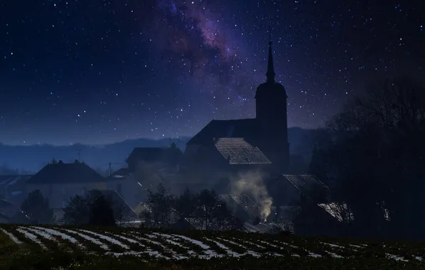 Field, the sky, stars, trees, night, fog, darkness, smoke