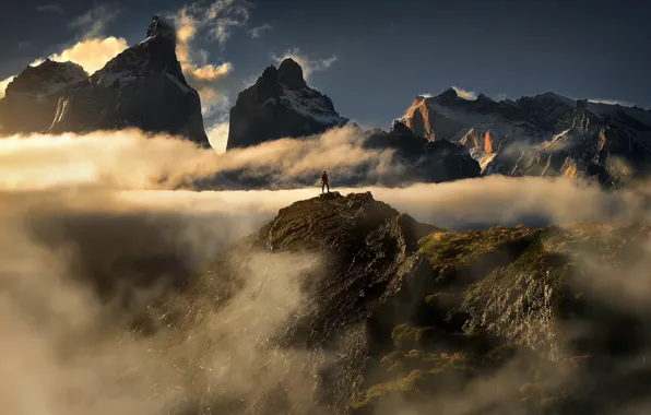 Clouds, snow, mountains, fog, tops, people, view, height