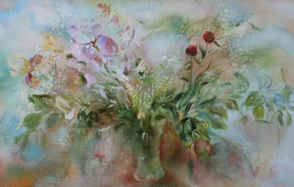 Blue background, Still life, violet, red flowers, Sfumato, gift painting, Petrenko Svetlana, green vase